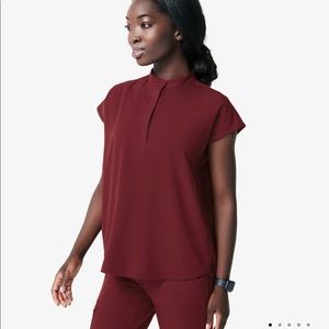 Figs Mandarin collar burgundy scrub top
